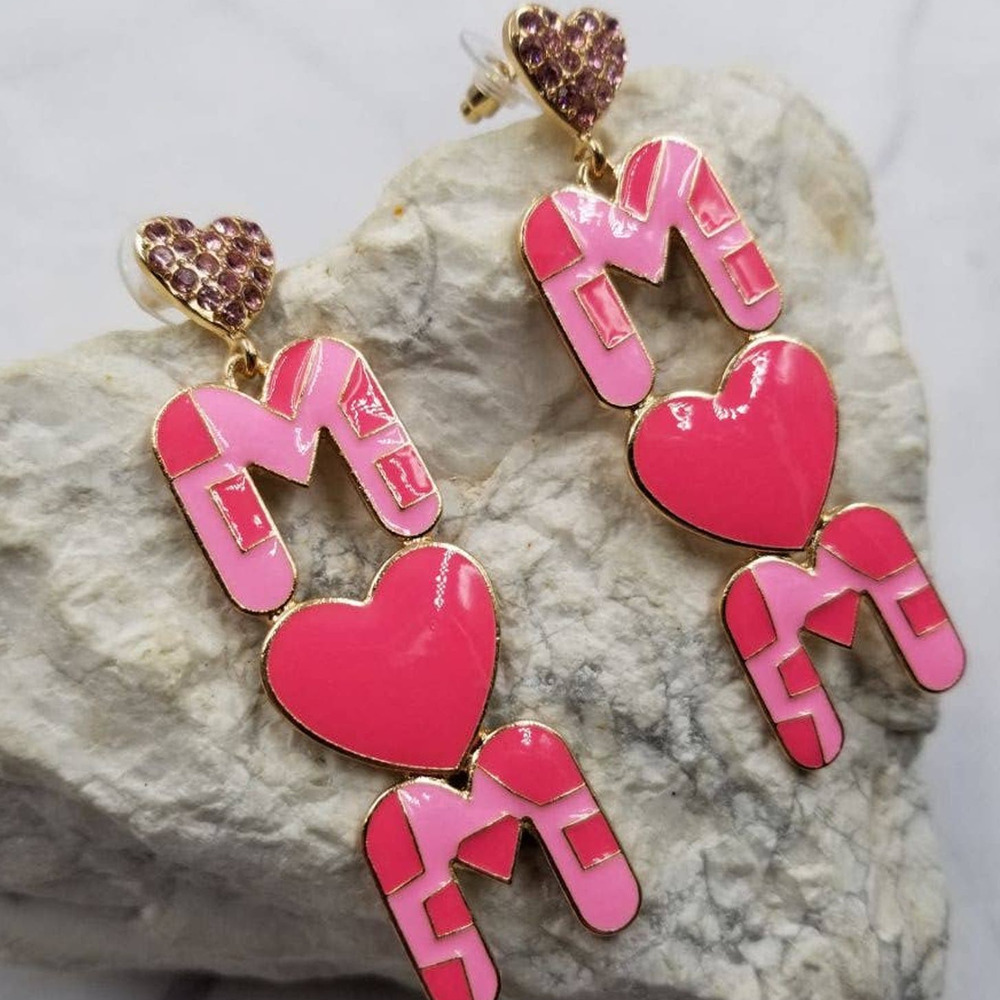 Hot Pink Heart MOM Crystal Dangle Earrings